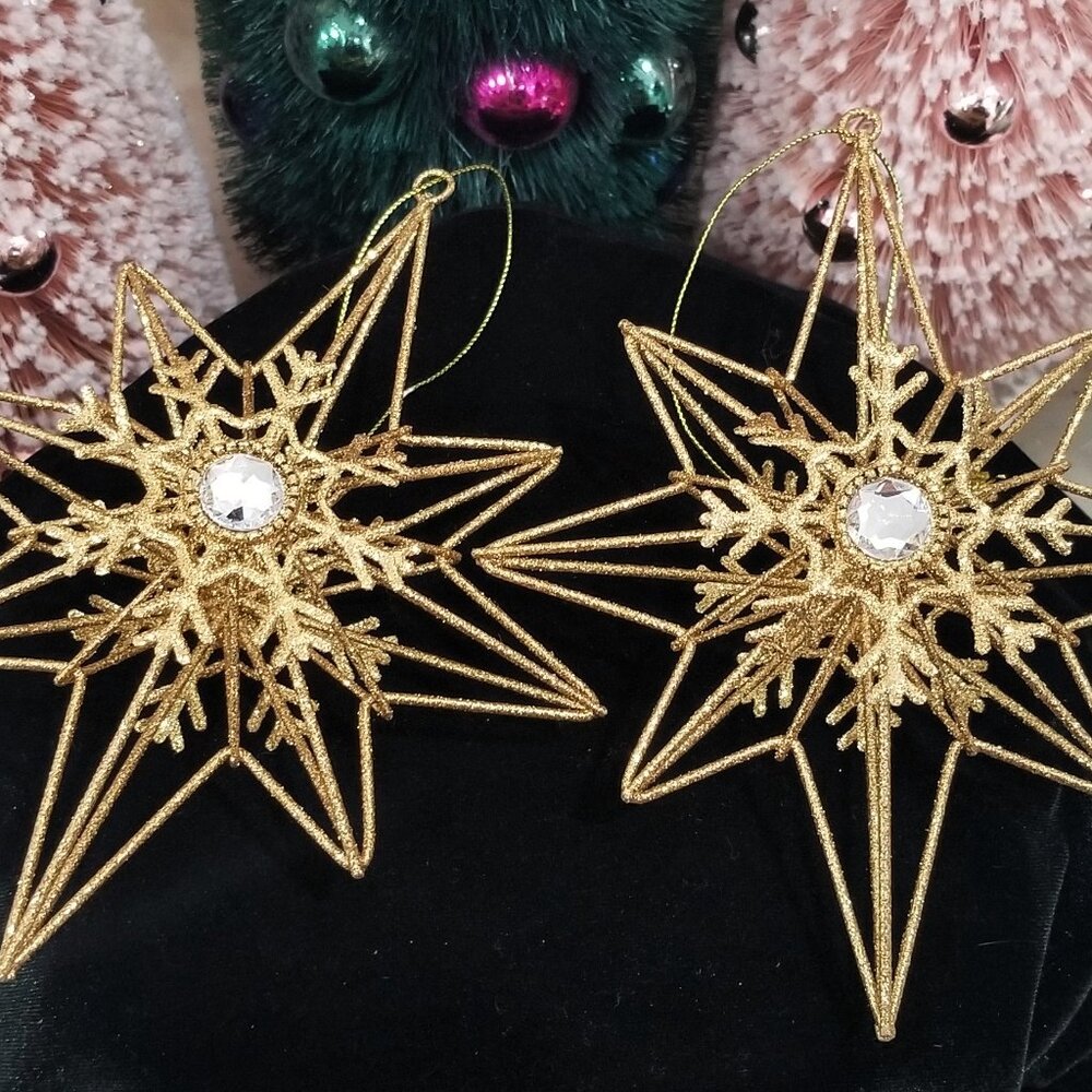 Gorgeous Gold Glitter Jeweled Snowflake Star Christmas ornaments Wire Rhinestone